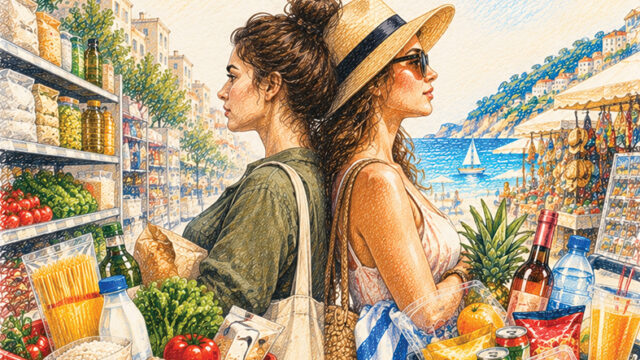 Shporta e vendasve me makarona e oriz, ajo e turistëve me ushqime të gatshme