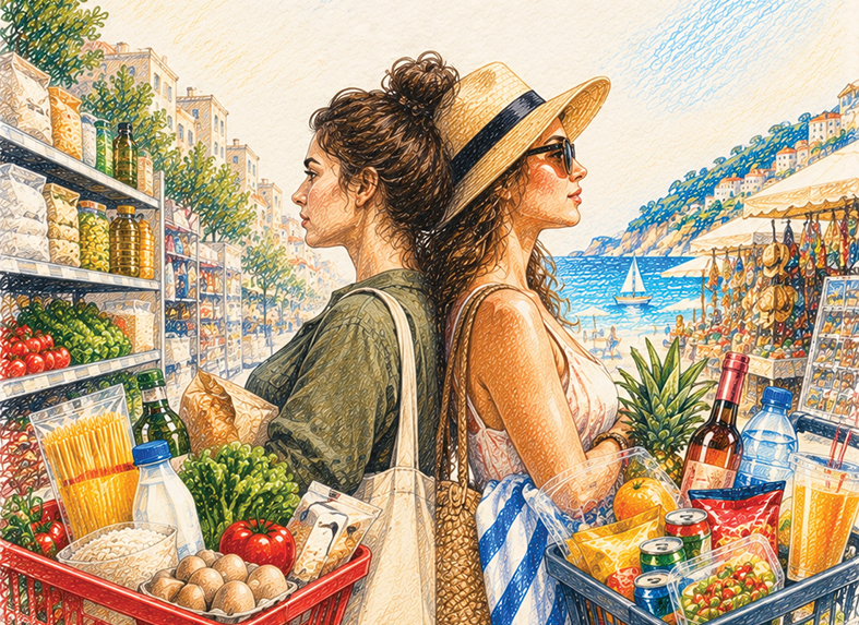 Shporta e vendasve me makarona e oriz, ajo e turistëve me ushqime të gatshme